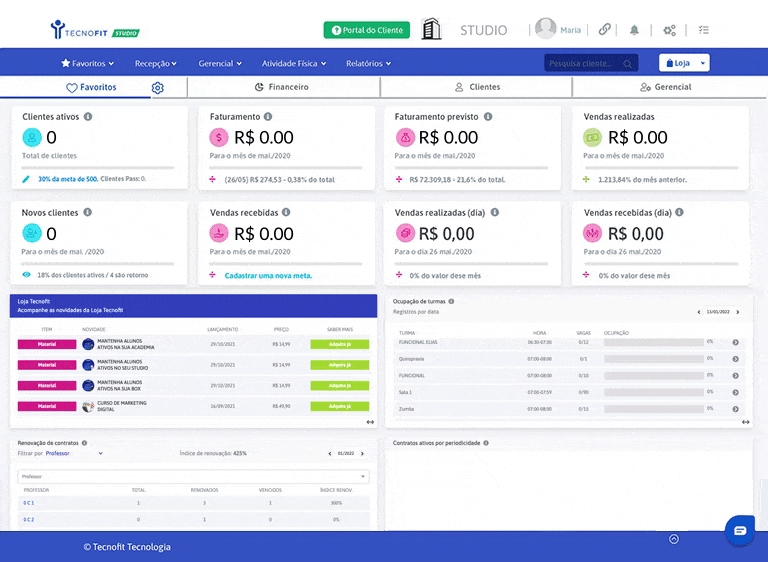 Imagem exemplo da página de relatório financeiro do sistema para studio Tecnofit que mostra fluxo de caixa, comissão de vendas e centros de custos