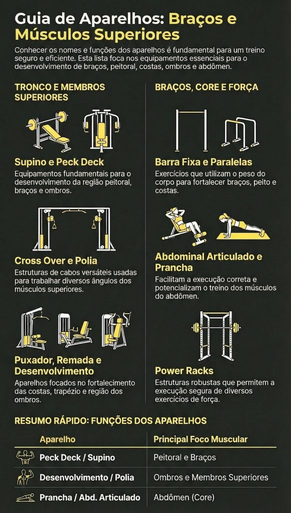 Infográfico dourado 'Guia de Aparelhos: Braços e Músculos Superiores' em fundo escuro. Divide os equipamentos em duas colunas: 'Tronco e Membros Superiores' com supino, peck deck, cross over, polia, puxador, remada e desenvolvimento; e 'Braços, Core e Força' com barra fixa, paralelas, abdominal articulado, prancha e power racks, cada um com ícone e breve descrição. No rodapé, uma tabela resume o principal foco muscular de peck deck, desenvolvimento e prancha.
