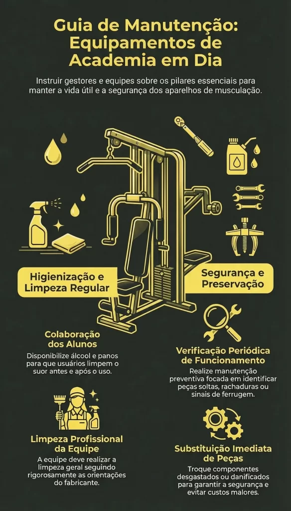 Infográfico dourado 'Guia de Manutenção: Equipamentos de Academia em Dia' em fundo escuro. Apresenta uma grande ilustração central de uma máquina de musculação multiestação cercada por seis seções com ícones e texto: Higienização e Limpeza Regular, Colaboração dos Alunos, Limpeza Profissional da Equipe, Segurança e Preservação, Verificação Periódica de Funcionamento e Substituição Imediata de Peças.