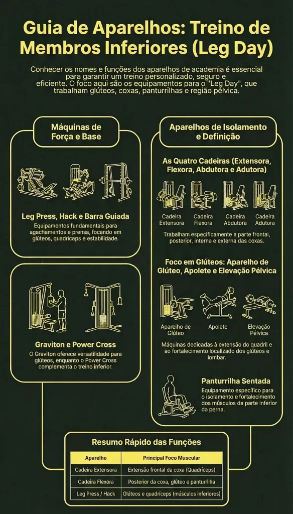Infográfico dourado 'Guia de Aparelhos: Treino de Membros Inferiores (Leg Day)' em fundo escuro com bordas amarelas. Detalha equipamentos em caixas: 'Máquinas de Força e Base' (leg press, hack, barra guiada), 'Aparelhos de Isolamento e Definição' (quatro cadeiras e foco em glúteos com aparelho de glúteo, apoletes e elevação pélvica), graviton, power cross e panturrilha sentada, com ícones e descrições. No final, uma tabela de resumo rápido das funções.