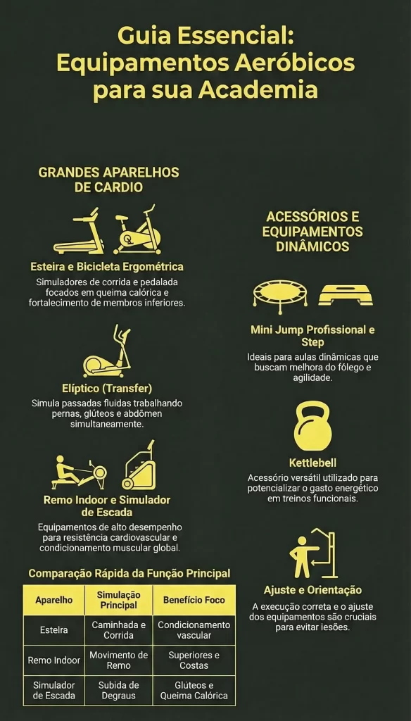 Infográfico dourado 'Guia Essencial: Equipamentos Aeróbicos para sua Academia' em fundo escuro. Apresenta ícones e descrições de grandes aparelhos de cardio como esteira, bicicleta ergométrica, elíptico, remo indoor e simulador de escada, além de acessórios como mini jump, step e kettlebell. No canto inferior, uma tabela compara a função principal de esteira, remo indoor e simulador de escada.
