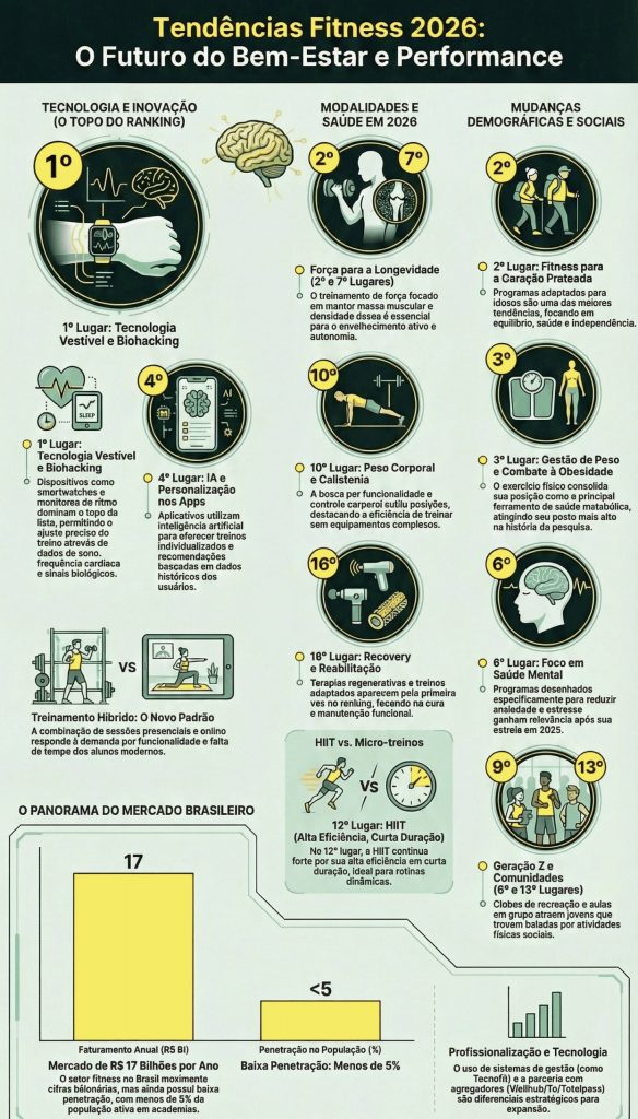 Infográfico detalhado sobre as tendências do mercado fitness para 2026. A imagem destaca tecnologia vestível (wearables) e biohacking em 1º lugar, seguidos por IA nos treinos, força para longevidade, saúde mental e o mercado da "Geração Prateada". Na base, um gráfico mostra o panorama brasileiro com faturamento de R$ 17 bilhões e baixa penetração na população.